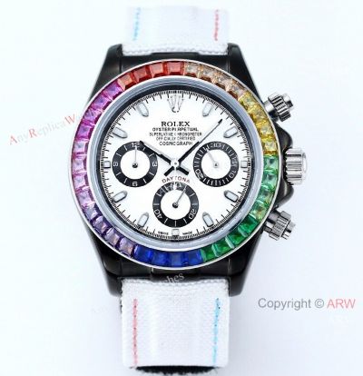 Japan Grade Replica Rolex Rainbow Daytona Quartz White Dial 43mm Watch